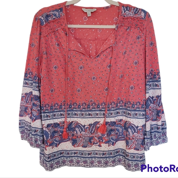 Lucky Brand Tops - Lucky Brand Print Mix Boho Split Neck Peasant Blouse with Tassels Medium